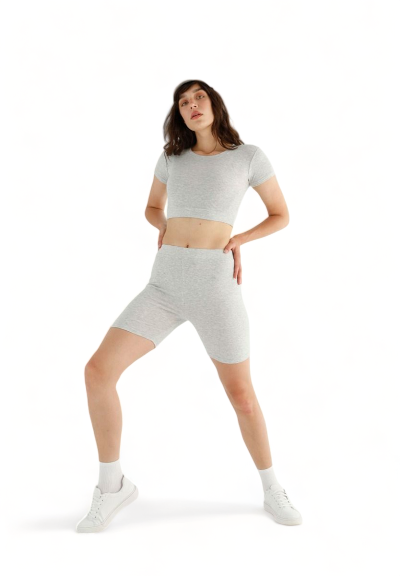 Σετ κολάν Biker SiyahInci με crop top rib light grey