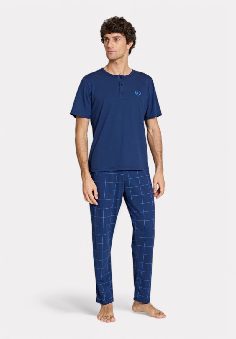 Ανδρική Πυτζάμα Pijadore με Κουμπιά & Καρό Παντελόνι – Μπλε