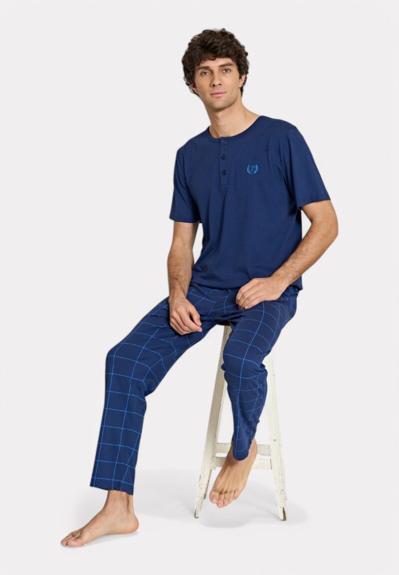 Ανδρική Πυτζάμα Pijadore με Κουμπιά & Καρό Παντελόνι – Μπλε