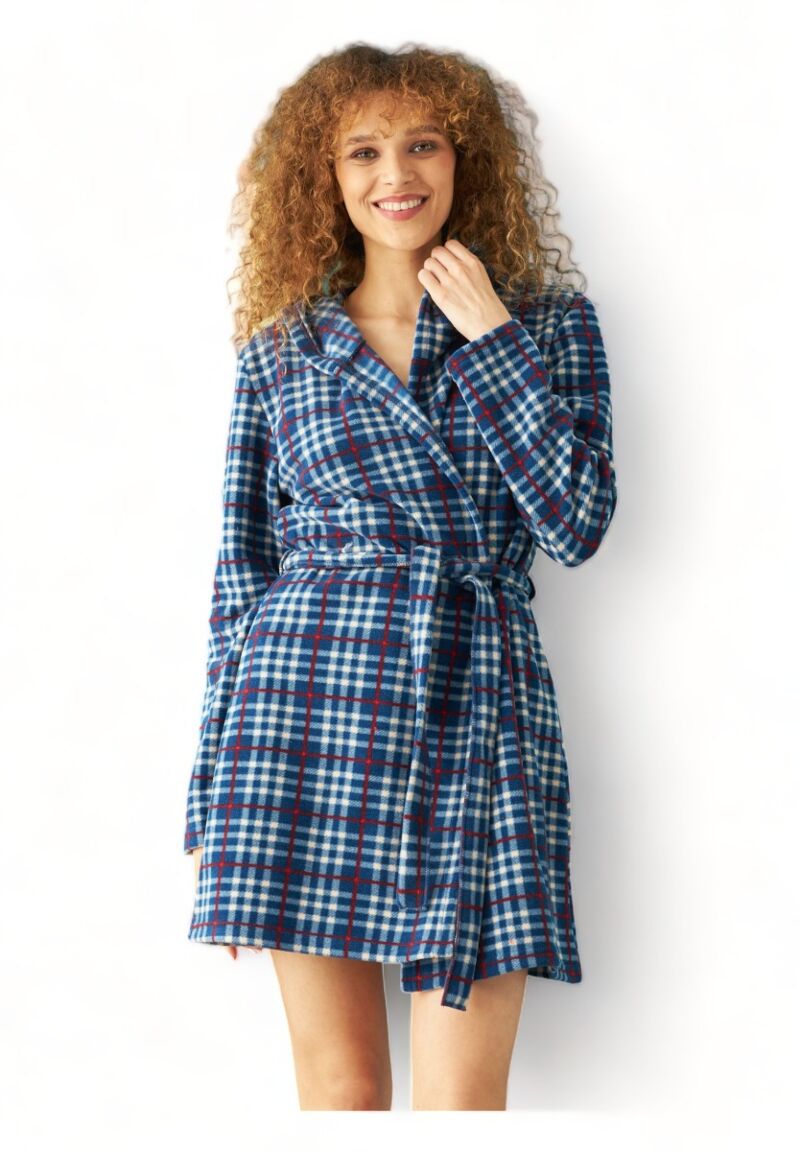 Ρόμπα γυναικεία Fleece Siyah Inci Καρώ Μπλέ