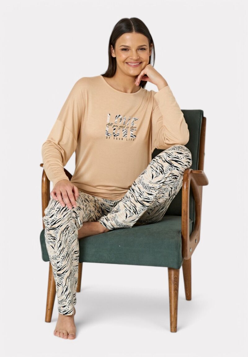Pijadore Πιτζάμα Μπεζ με Animal Print – Μακρυμάνικη