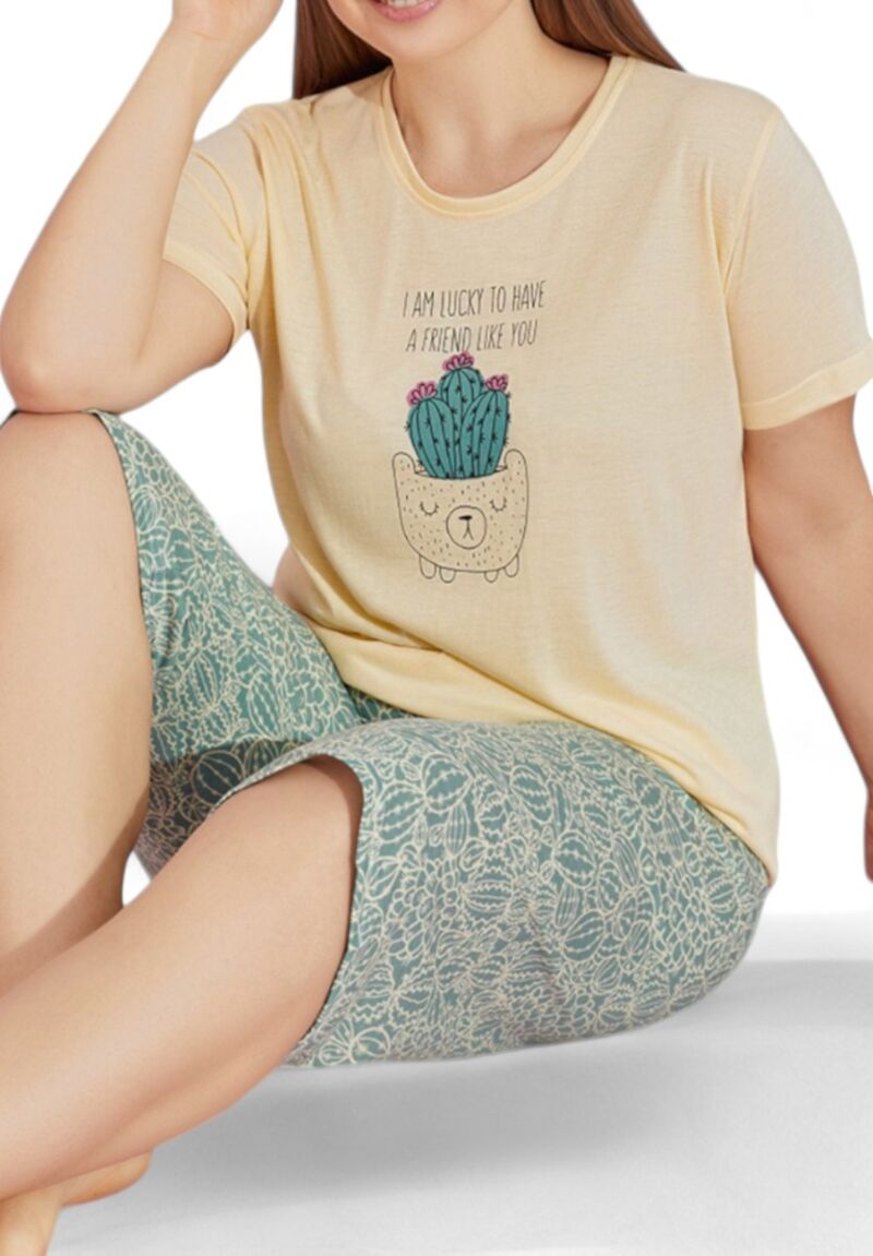 Πιτζάμα γυναικεία με κάπρι Plus Size PijaMood Cactus Yellow