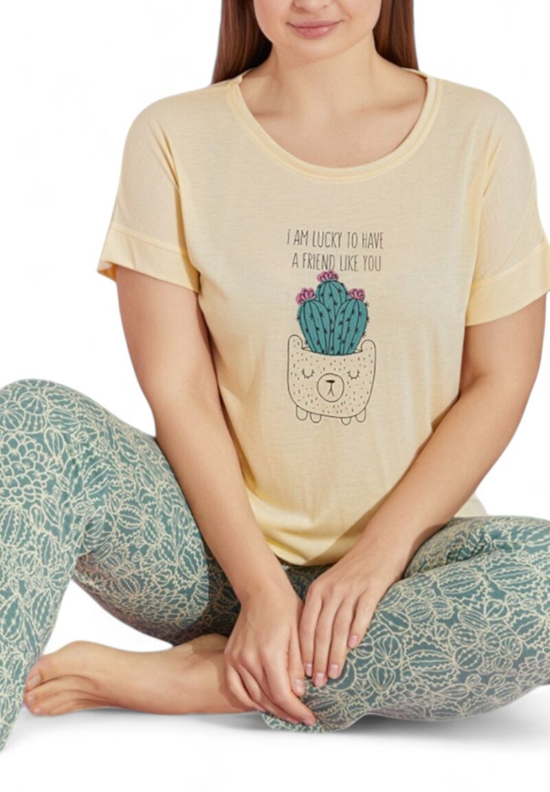 Πιτζάμα γυναικεία με μακρύ παντελόνι Plus Size PijaMood Cactus Yellow