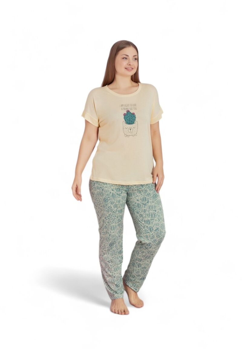 Πιτζάμα γυναικεία με μακρύ παντελόνι Plus Size PijaMood Cactus Yellow