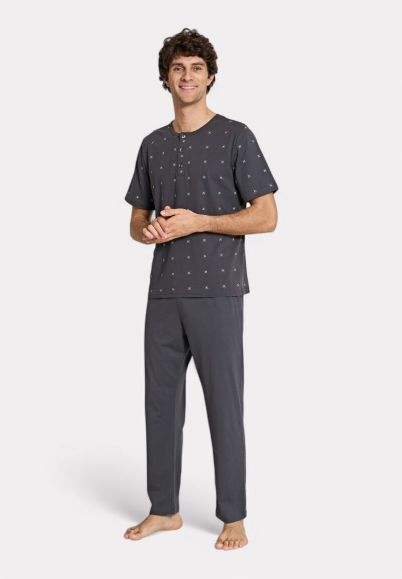 Ανδρική Κοντομάνικη Πιτζάμα Ανθρακί με Σχέδιο & Κουμπιά Pijadore