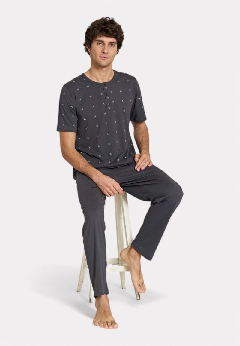 Ανδρική Κοντομάνικη Πιτζάμα Ανθρακί με Σχέδιο & Κουμπιά Pijadore