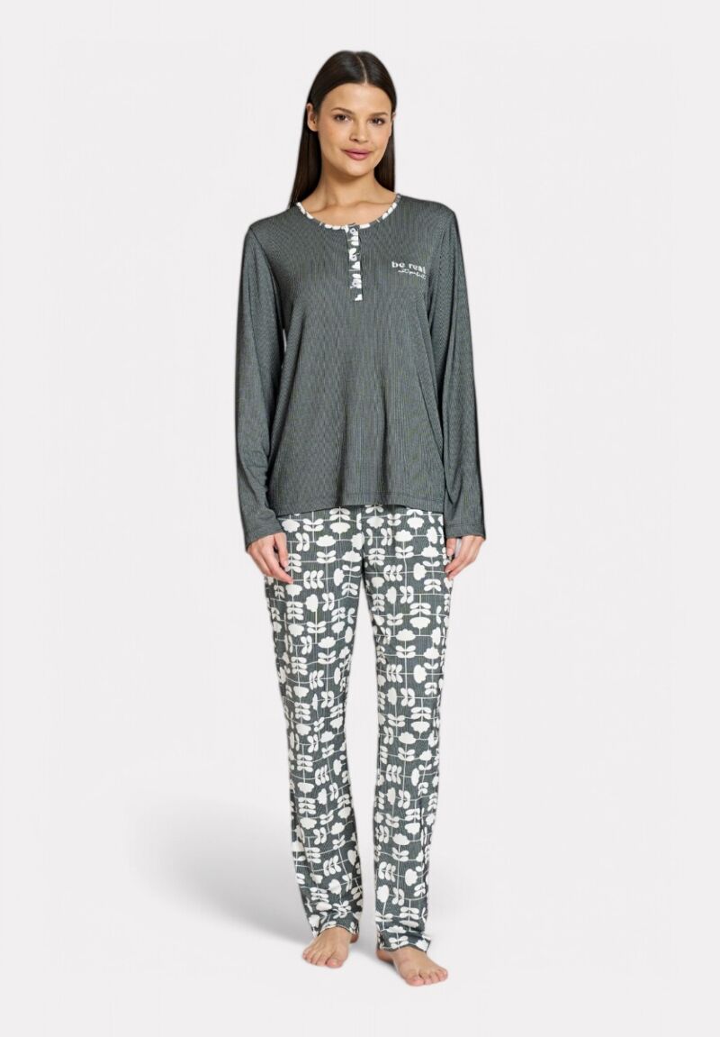 Pijadore Πιτζάμα Μακρυμάνικη Ανθρακί με Λευκά Σχέδια