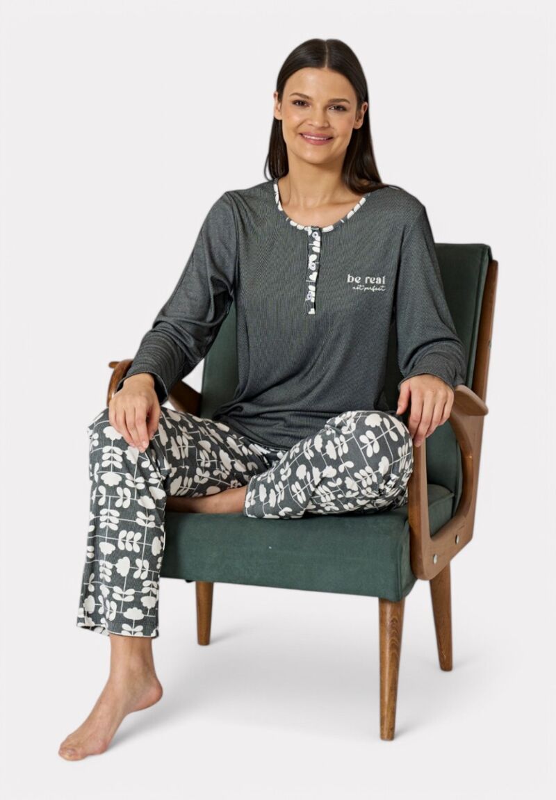 Pijadore Πιτζάμα Μακρυμάνικη Ανθρακί με Λευκά Σχέδια