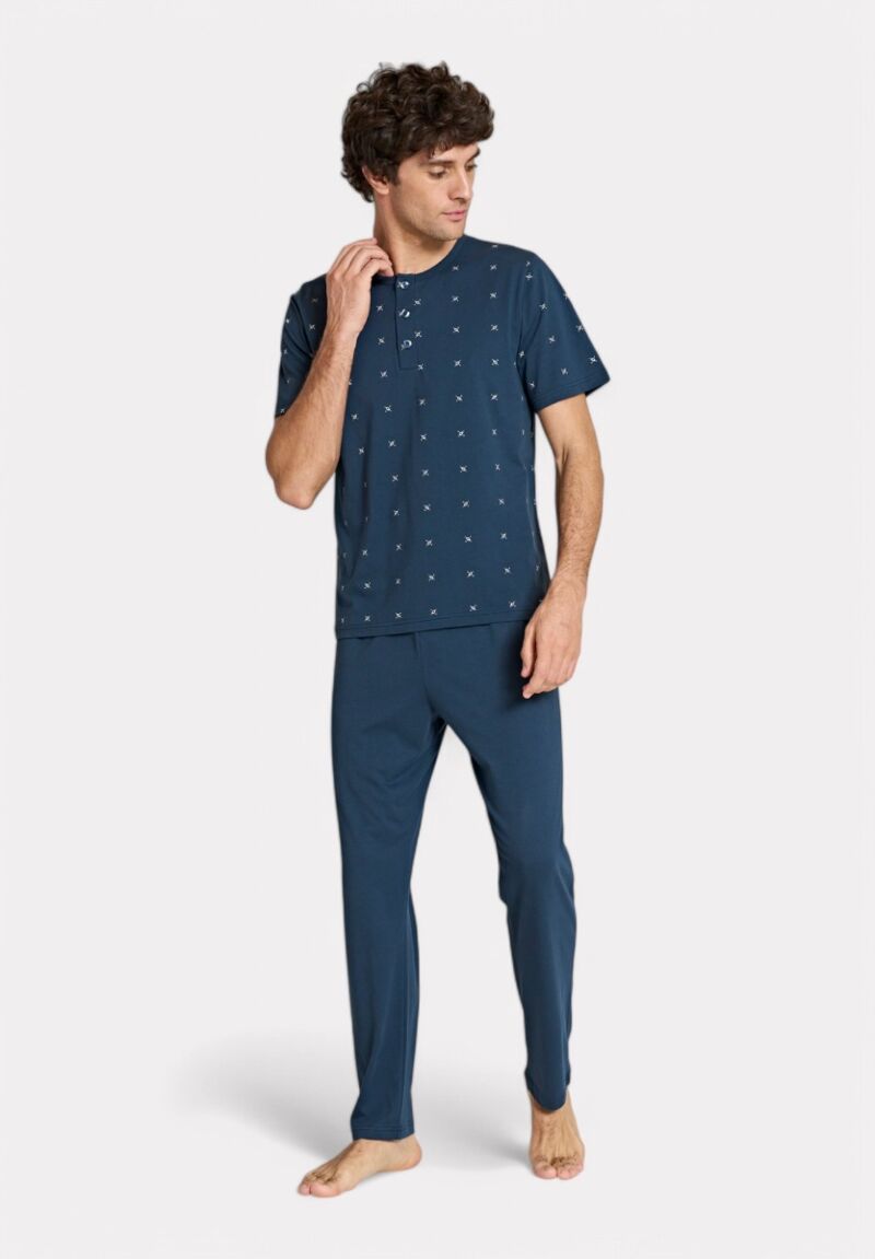 Ανδρική Κοντομάνικη Πιτζάμα Μπλέ με Σχέδιο & Κουμπιά Pijadore