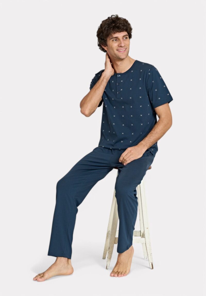 Ανδρική Κοντομάνικη Πιτζάμα Μπλέ με Σχέδιο & Κουμπιά Pijadore