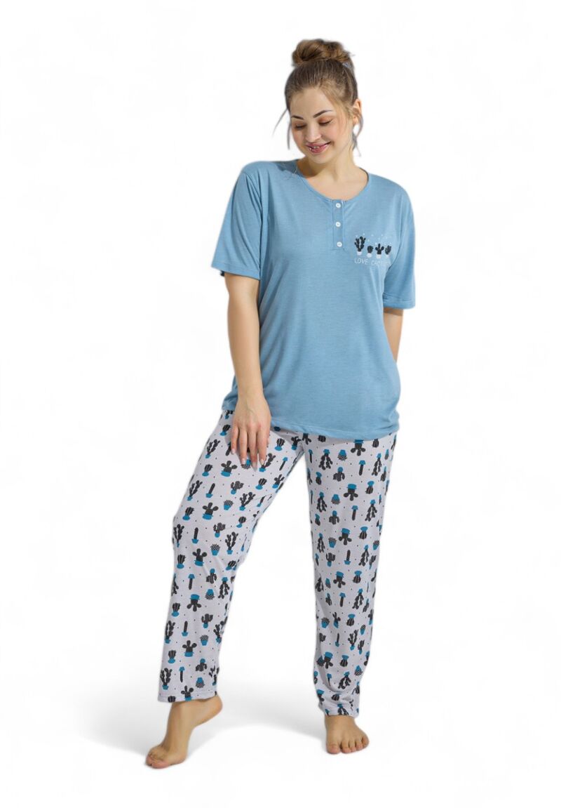 Πιτζάμα γυναικεία με μακρύ παντελόνι Plus Size PijaMood Cactus Blue