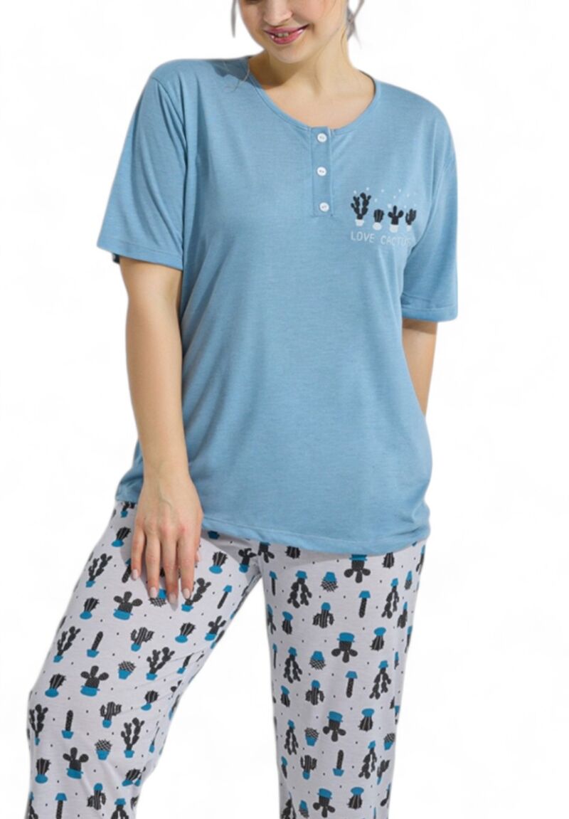 Πιτζάμα γυναικεία με μακρύ παντελόνι Plus Size PijaMood Cactus Blue
