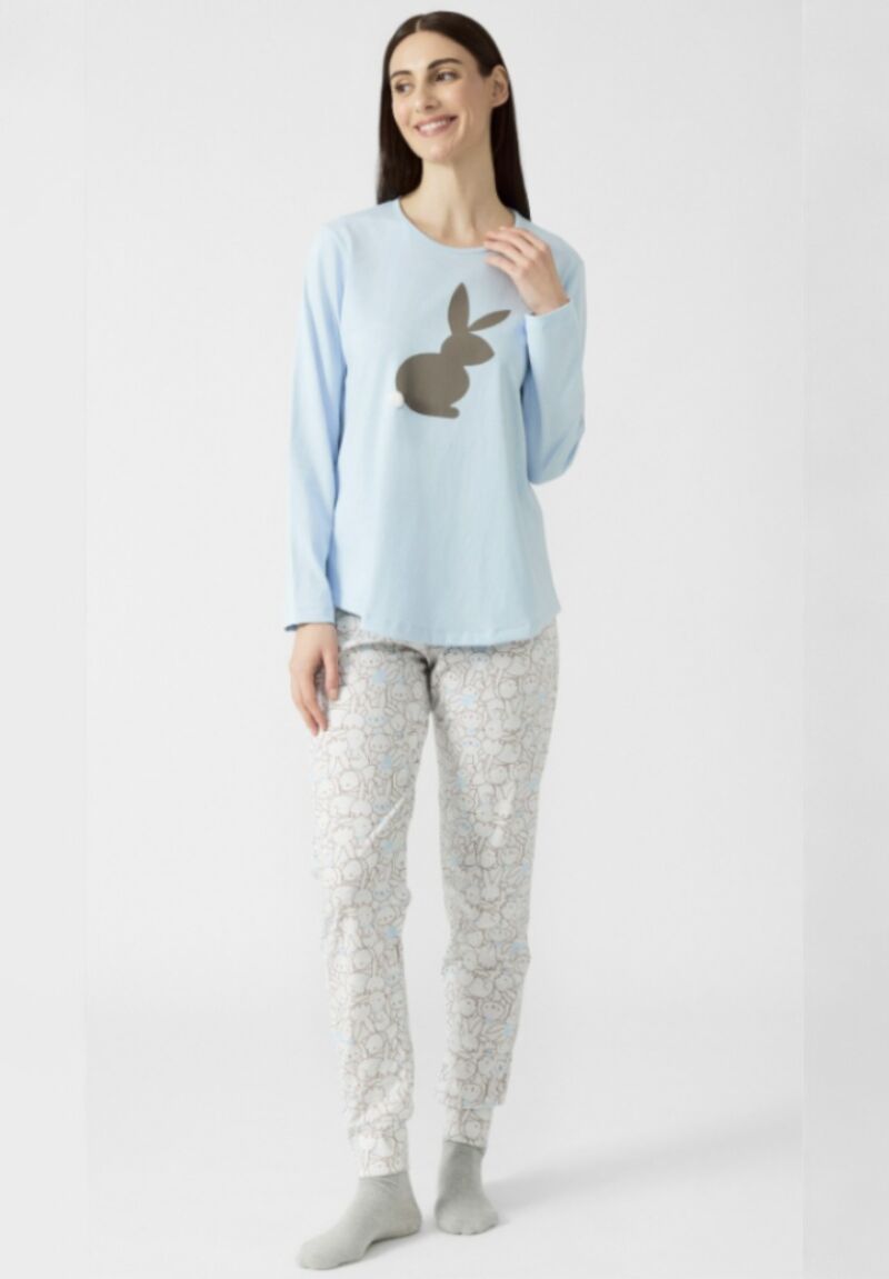 Minerva Γυναικεία Πιτζάμα Allover Bunny Σιελ