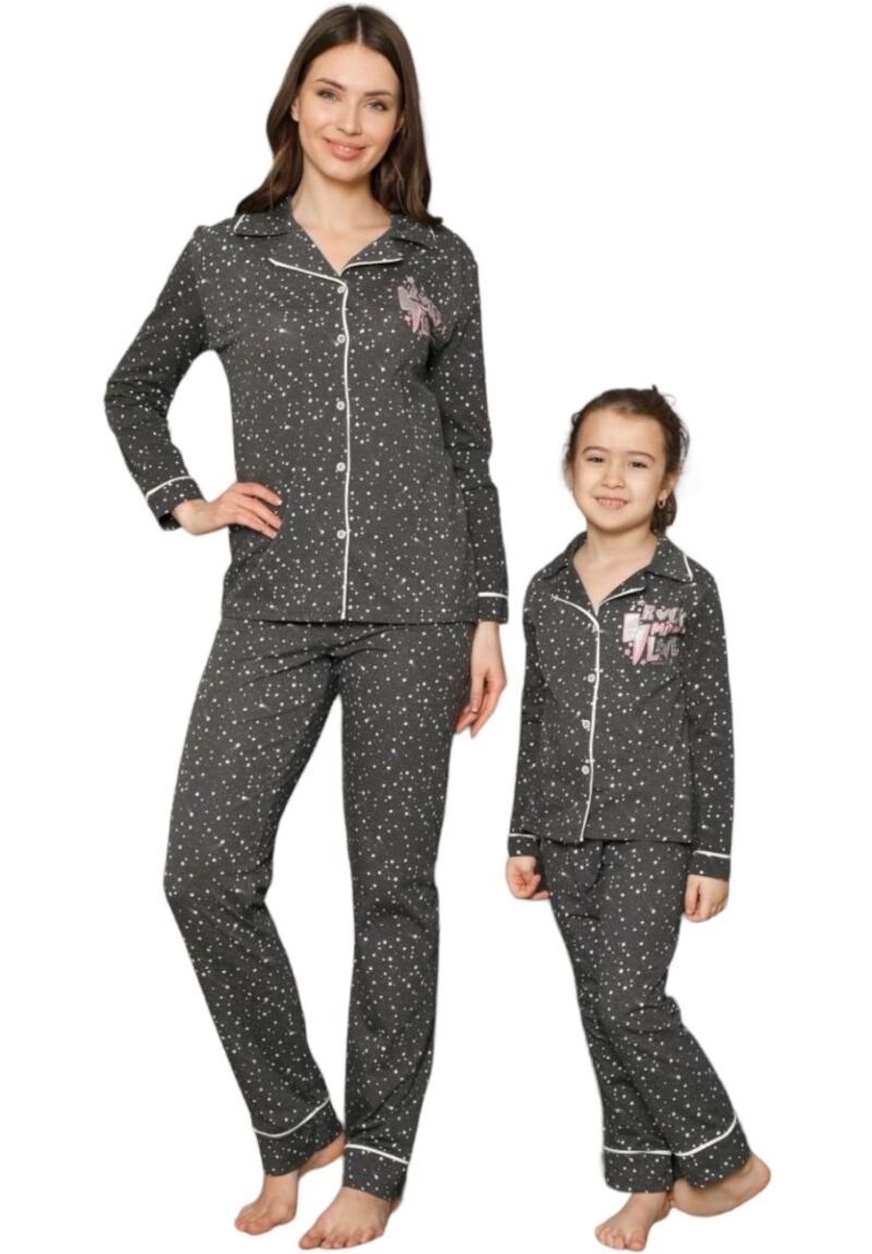 Γυναικεία βαμβακερή πιτζάμα Siyah Inci με κουμπιά Grey Dots