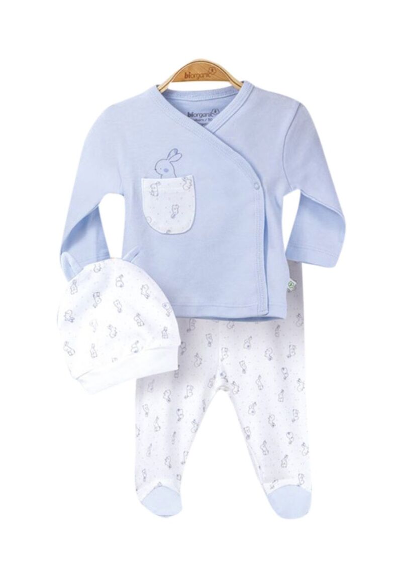 Σετ πιτζάμας με βρεφικά αξεσουαρ Biorganic Blue Rabbit