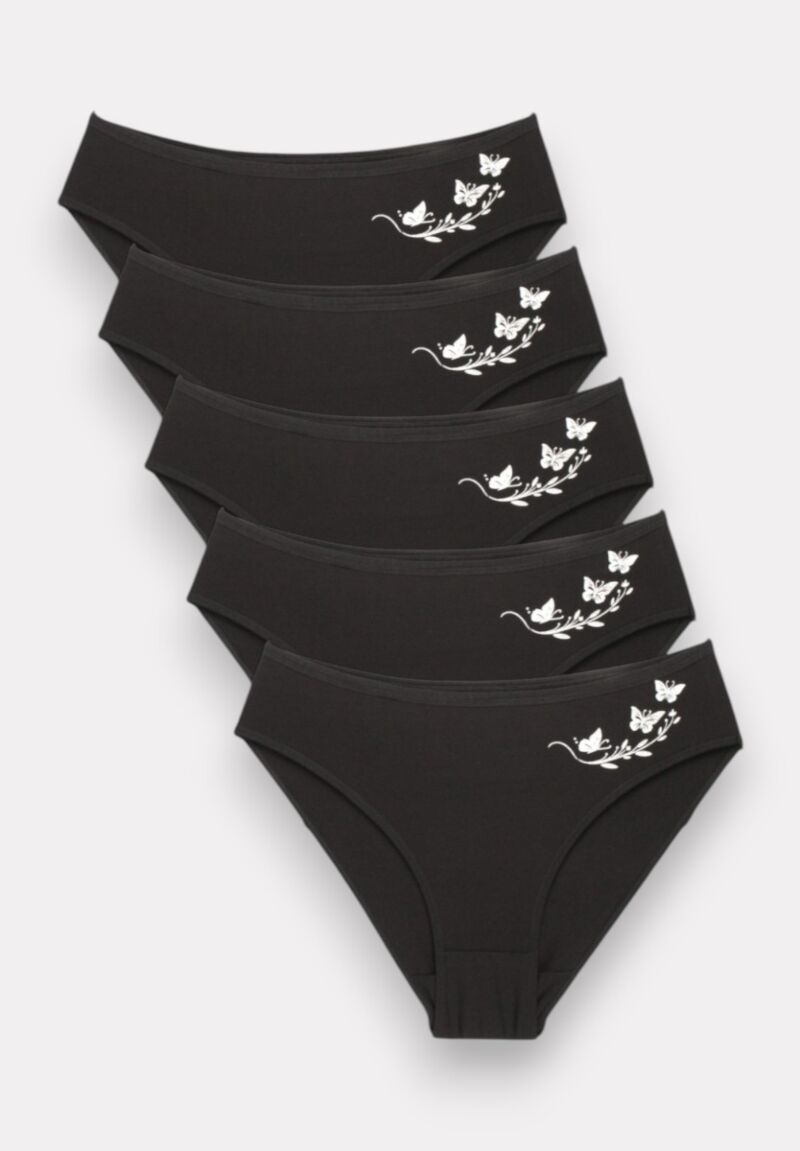 Σλιπ γυναικεία Βαμβακερά ψηλόμεσα με Σχέδιο "Butterfly" – Σετ 5 Τεμαχίων Black