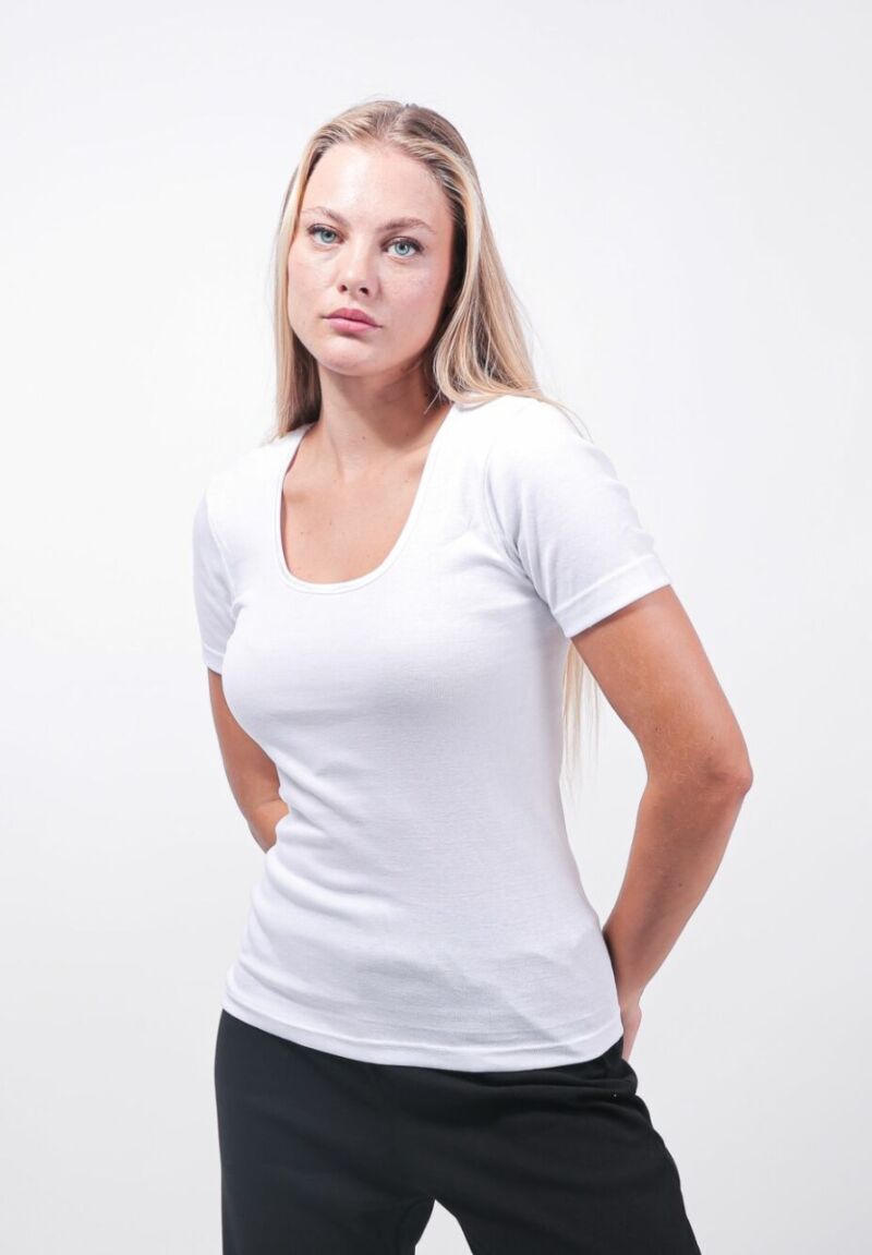 Φανελάκι Γυναικείο Βαμβακερό Eleana με Κοντό Μανίκι & Σατέν Ρέλι Λευκό