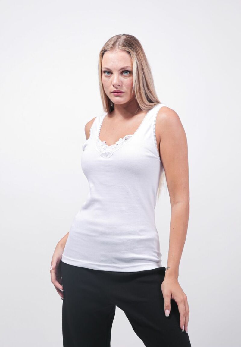 Φανελάκι Γυναικείο Eleana με Φαρδιά Τιράντα & Δαντελένιο Μοτίφ Λευκό