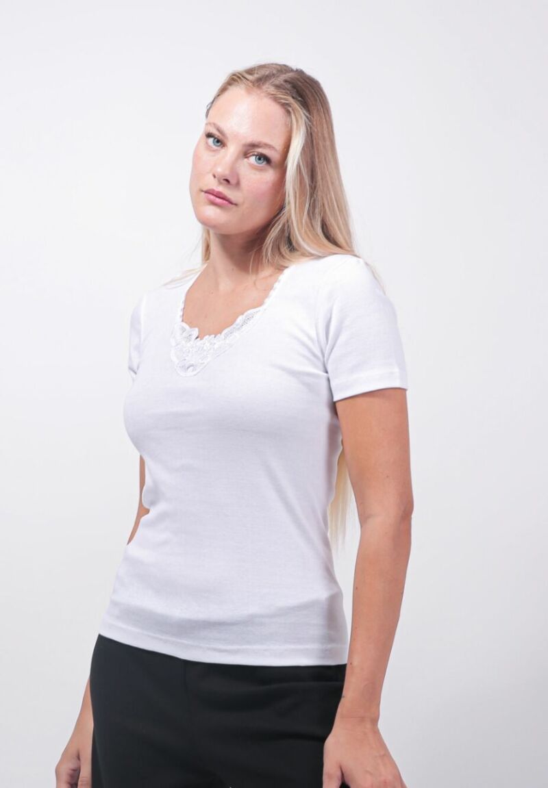 Φανελάκι Γυναικείο Βαμβακερό Eleana με Κοντό Μανίκι & Μοτίφ Λευκό