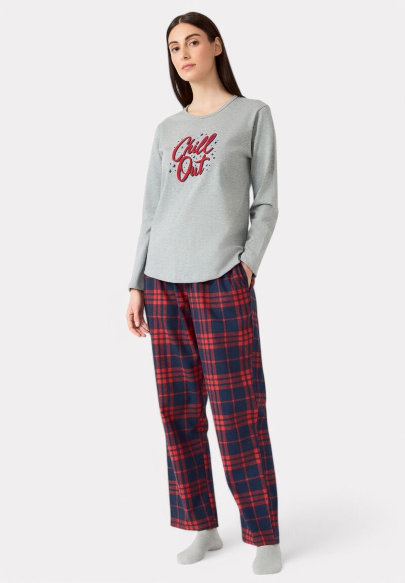 Πιτζάμα Γυναικεία Mierva Cozy Καρό με σταθερό παντελόνι Grey