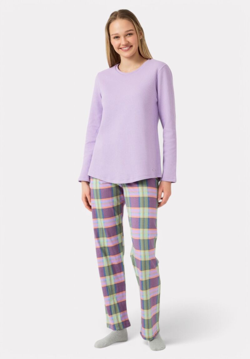 Πιτζάμα Γυναικεία Minerva Color Play Waffle Καρό Λεβάντα