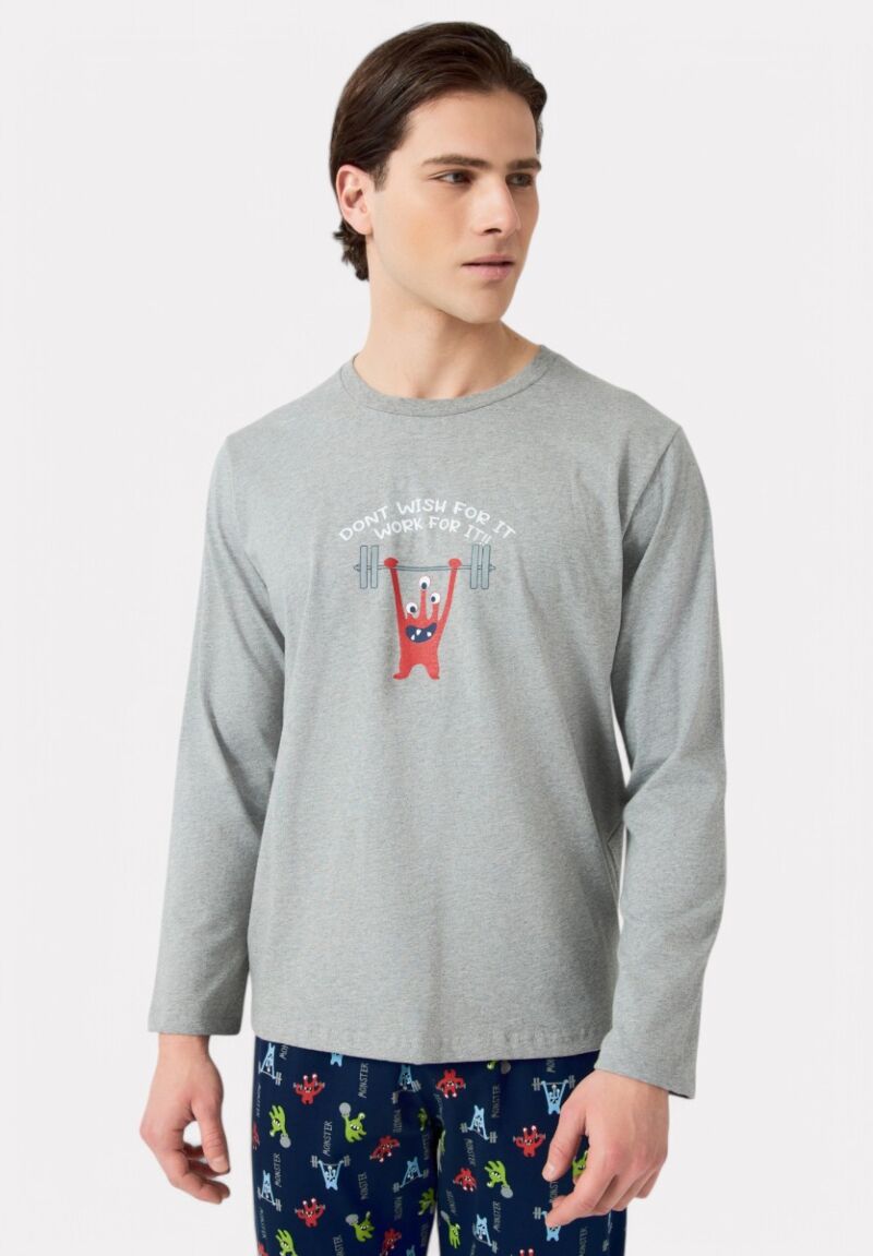 Πιτζάμα Ανδρική Bαμβακερή Minerva Monster Γκρι