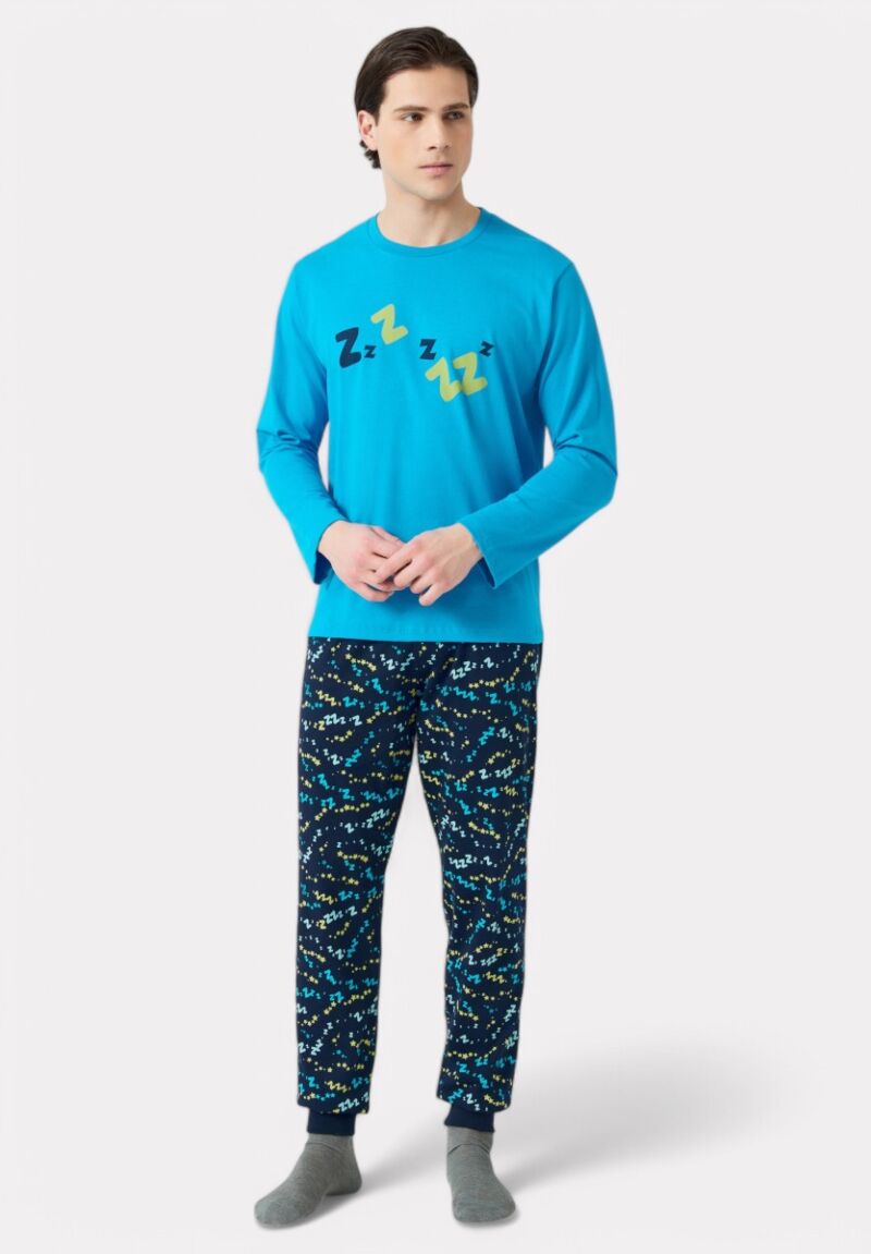 Πιτζάμα Ανδρική Bαμβακερή Minerva Zzzz Cyber Blue