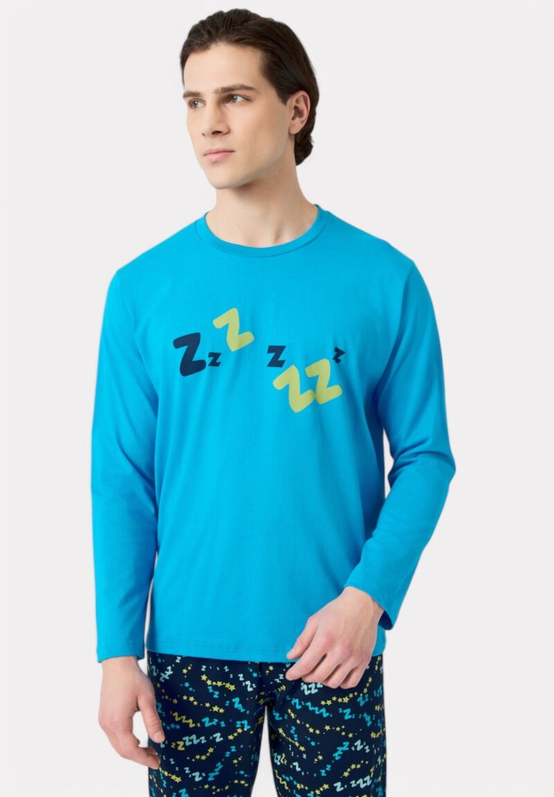 Πιτζάμα Ανδρική Bαμβακερή Minerva Zzzz Cyber Blue