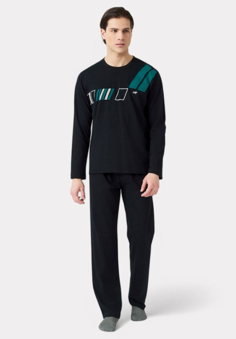 Πιτζάμα Ανδρική Bαμβακερή Minerva Athletic Stripes Black