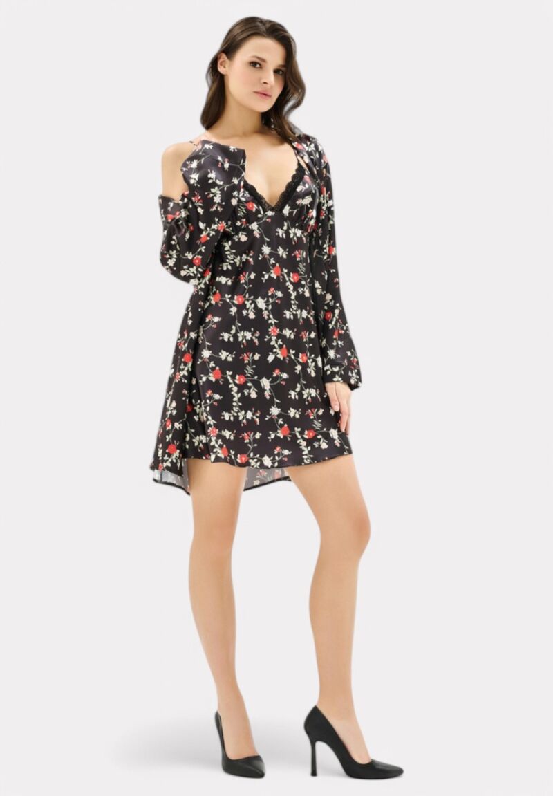 Σετ Ρόμπα - Νυχτικό σατέν Moongirl Black Floral