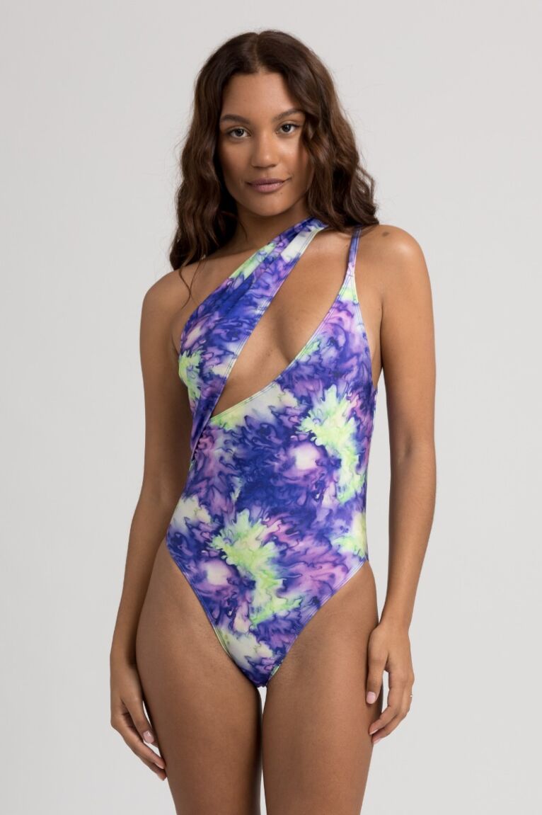 Μαγιό γυναικείο Ολόσωμο One Shoulder με Cut-Out Tie Dye Blue