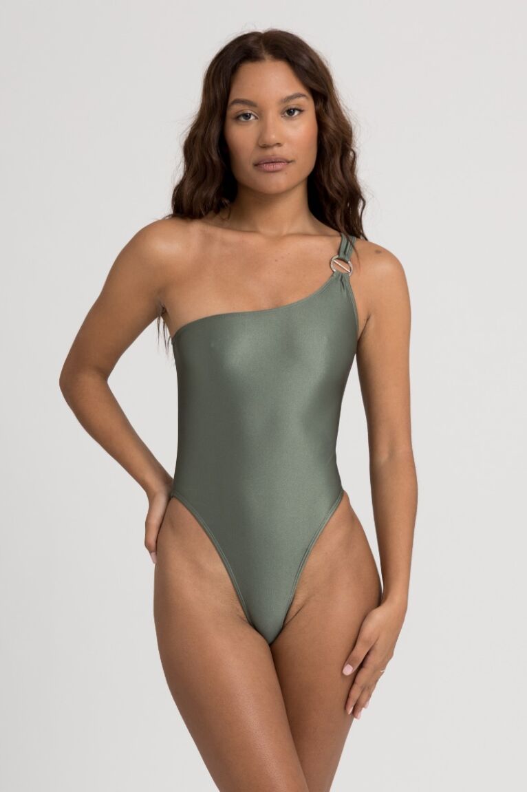 Μαγιό γυναικείο Ολόσωμο One Shoulder με Διακοσμητικό Κρίκο Olive