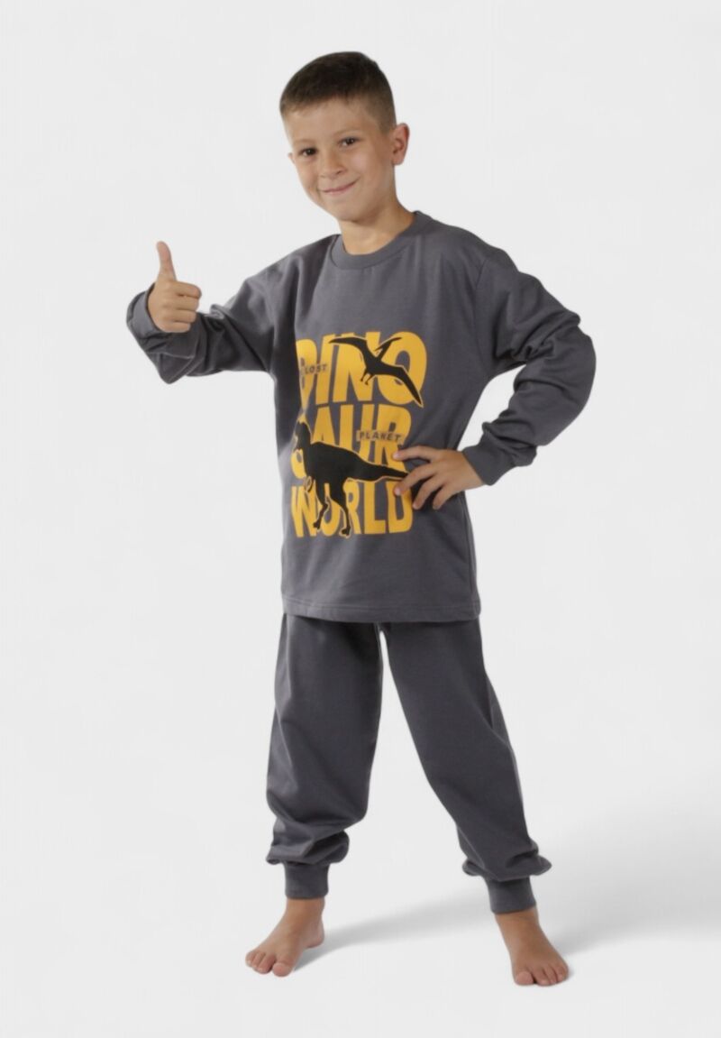 Παιδική Πιτζάμα Αγόρι Dinosaur World Ανθρακί – Χριστίνα | 100% Βαμβάκι