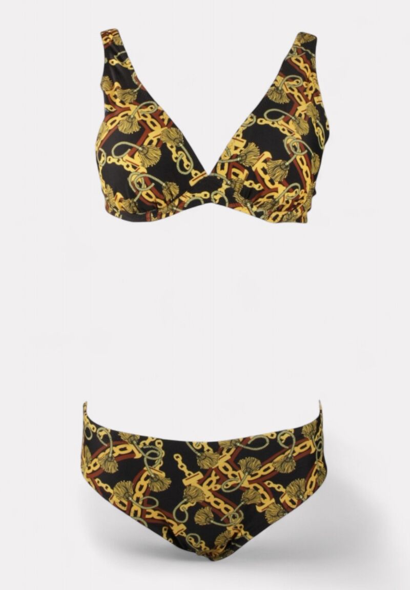 Γυναικείο μαγιό μαύρο μπικίνι με μπανέλα και χρυσό print 