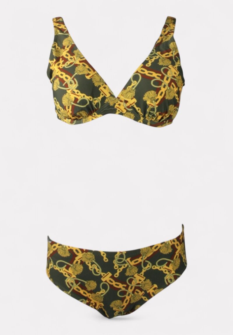 Γυναικείο μαγιό πράσινο μπικίνι με μπανέλα και χρυσό print 