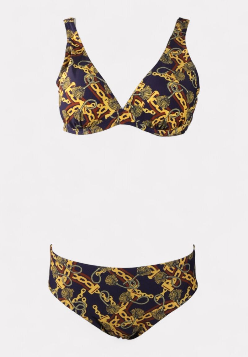 Γυναικείο μαγιό μπλέ μπικίνι με μπανέλα και χρυσό print 