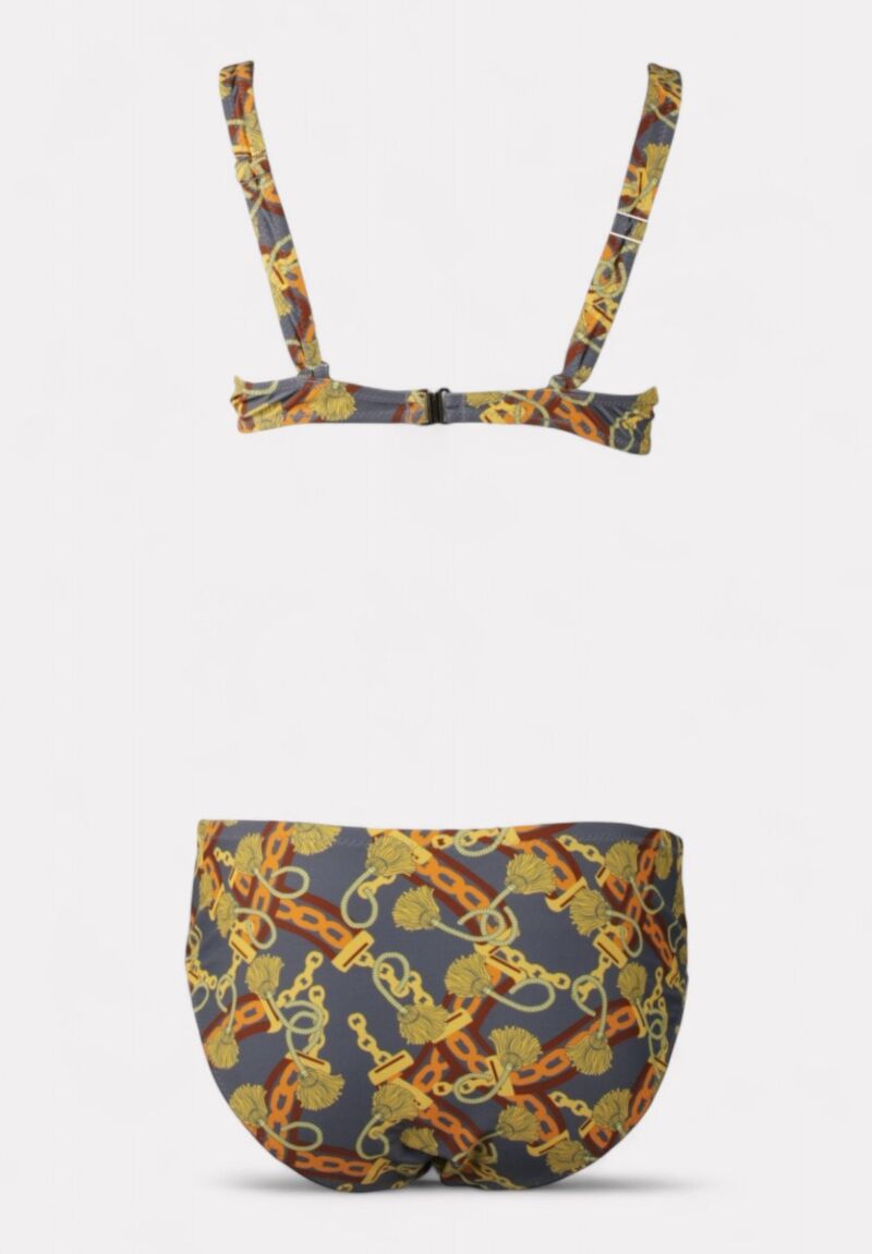 Γυναικείο μαγιό γκρί μπικίνι με μπανέλα και χρυσό print 