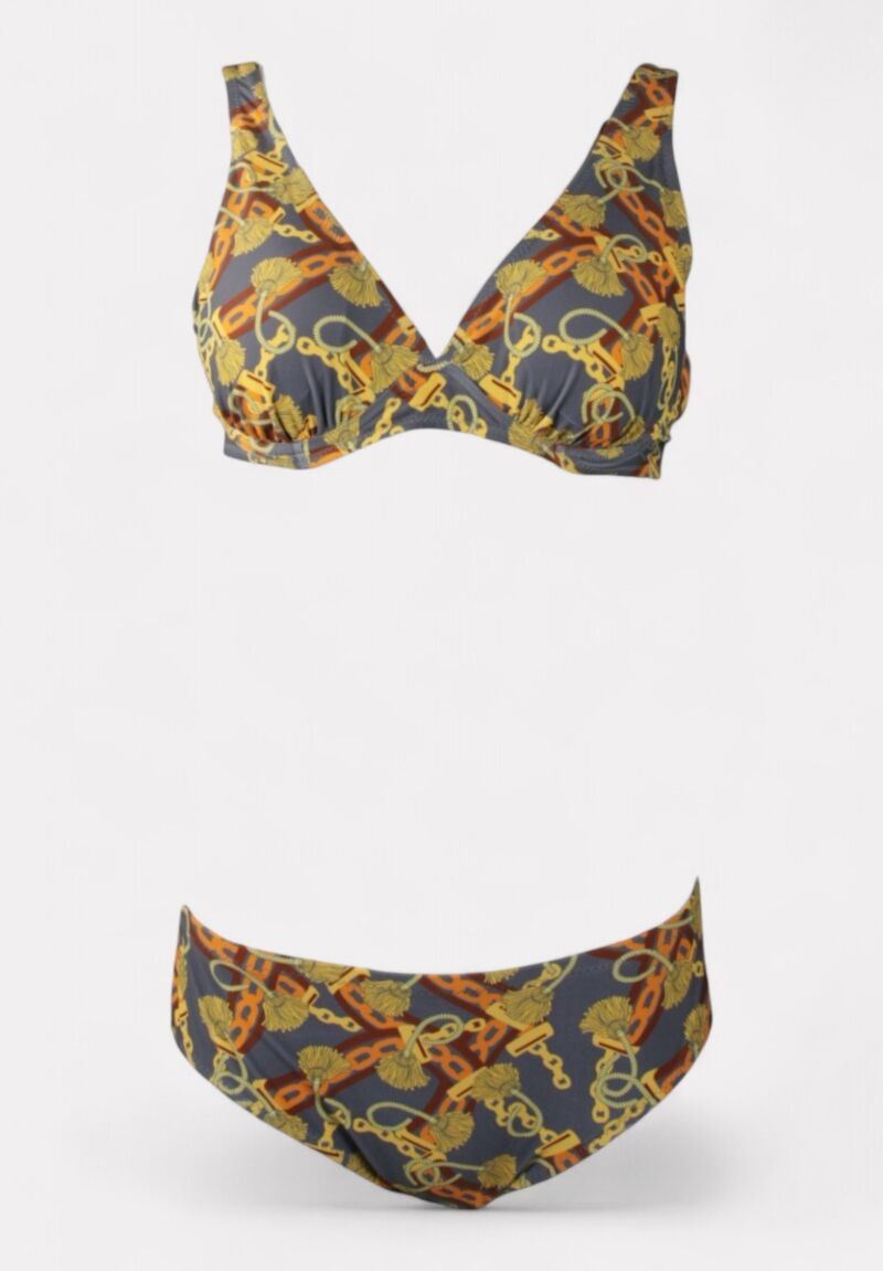 Γυναικείο μαγιό γκρί μπικίνι με μπανέλα και χρυσό print 