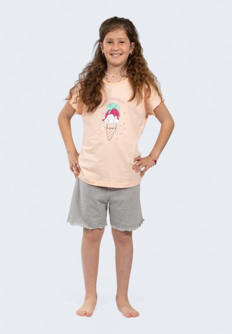 Παιδική Πιτζάμα Nina Club Meowscream Ροδακινί-Γκρι | 100% Βαμβάκι