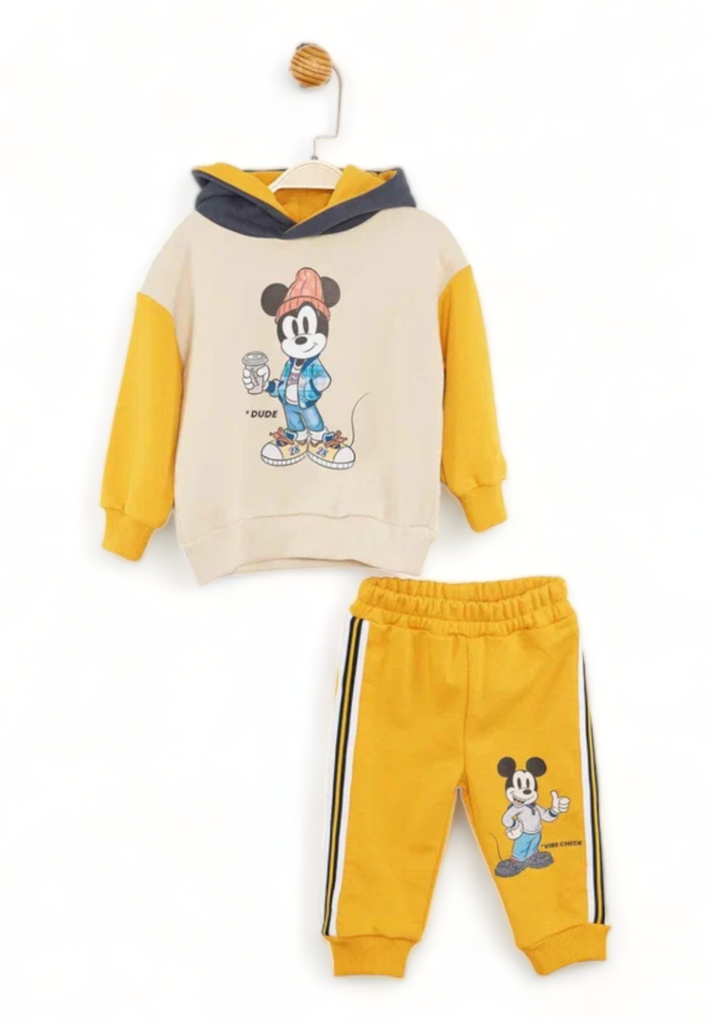 Βρεφικό σετ φόρμας με κουκούλα Cimpa με τον Mickey σε Μπέζ-κίτρινο της Disney