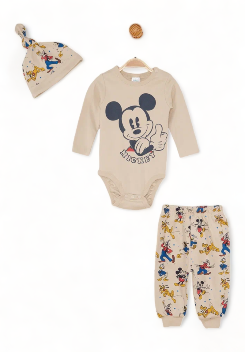 Βρεφικό Σετάκι Cimpa με μακρύ μανίκι Disney Mickey allover μπέζ 3τμχ