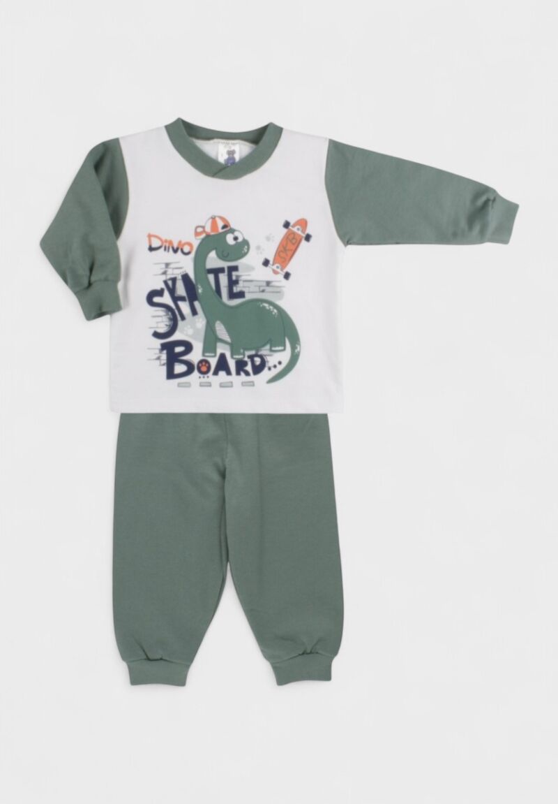 Πιτζάμα Βρεφική Βαμβακερή Φούτερ Χριστίνα Dino 100% Βαμβάκι Λαδί