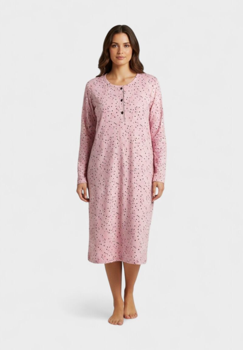 Νυχτικό Γυναικείο Cherry Ροζ με Μακριά Μανίκια και Κουμπιά