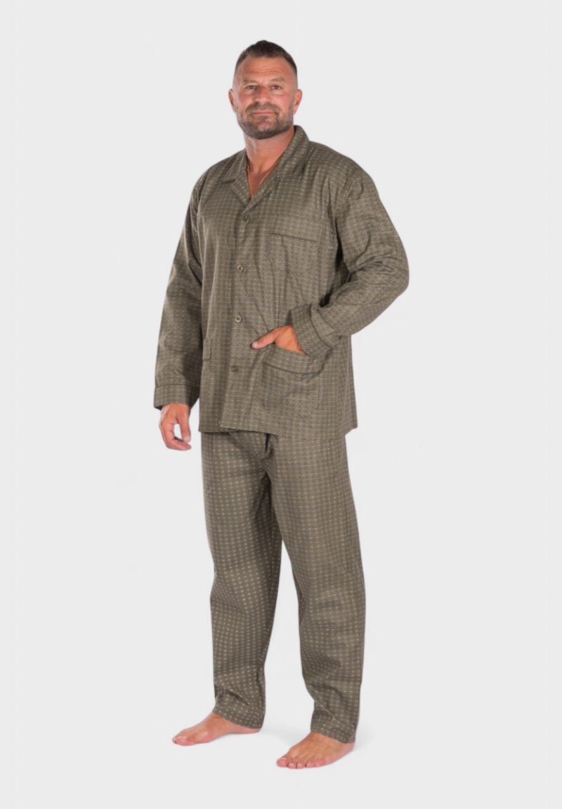 Πιτζάμα ανδρική κλασική με κουμπιά και τσέπες λαδί Collection