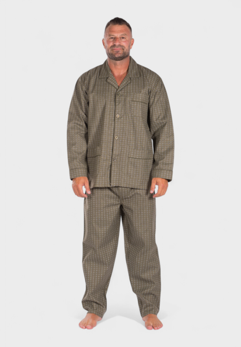 Πιτζάμα ανδρική κλασική με κουμπιά και τσέπες λαδί Collection