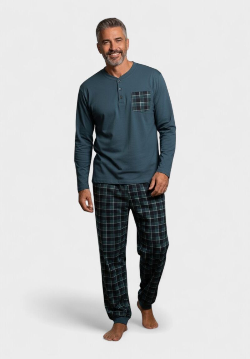 Ανδρική Βαμβακερή Πιτζάμα Interlock Collection CheckBlue