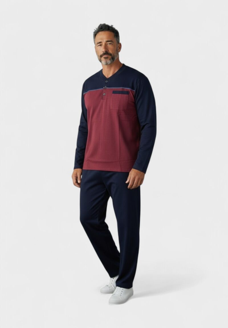 Ανδρική Πιτζάμα Φούτερ Collection με Μακριά Μανίκια & Κουμπιά – Μπορντό/Μπλε