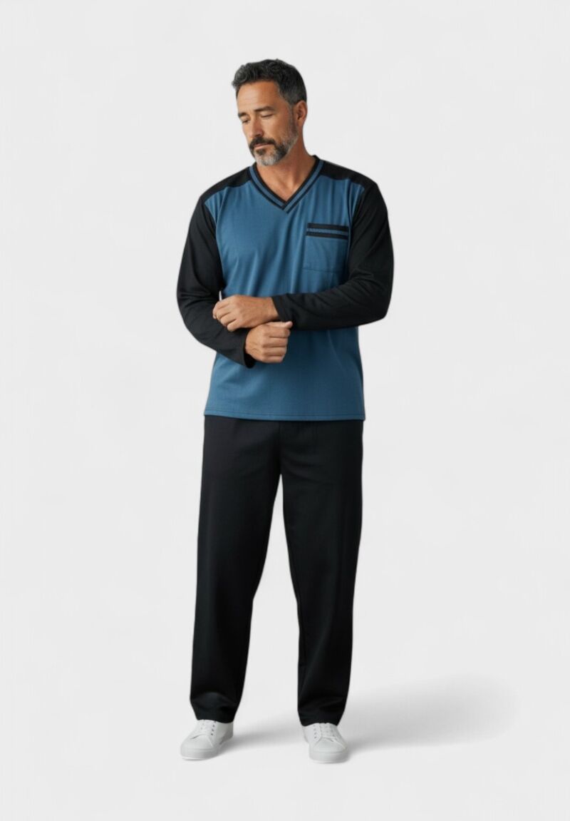 Ανδρική Πιτζάμα Fleece Collection Πετρόλ-Μαύρη με V Λαιμόκοψη