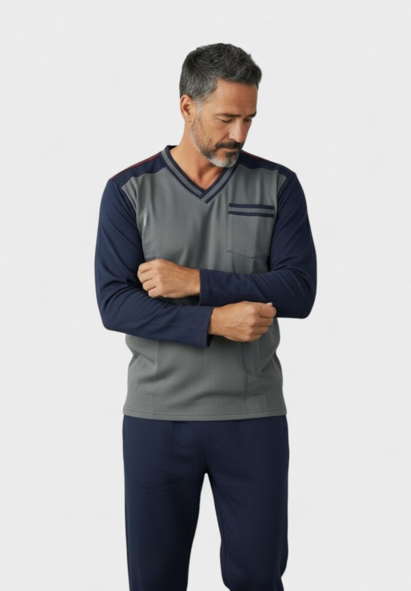 Ανδρική Πιτζάμα Φούτερ Collection Μπλε & Γκρι με V Λαιμόκοψη