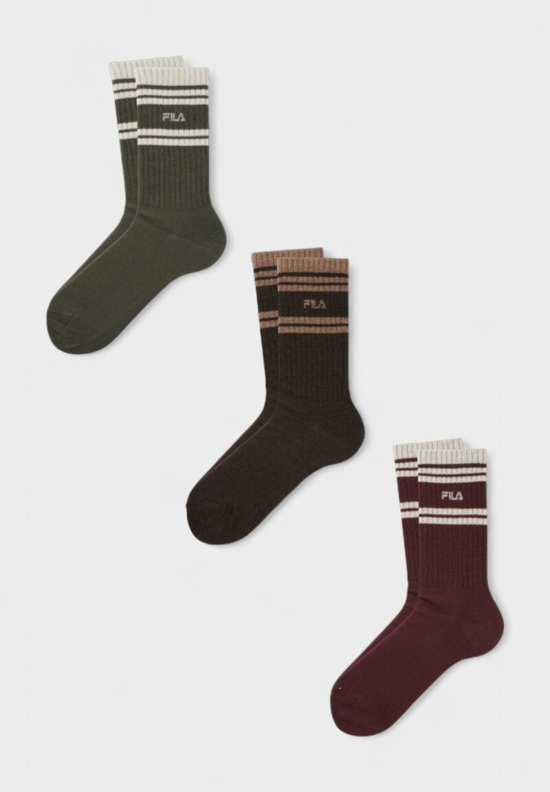 Fila Ανδρικές Κάλτσες 3 Ζευγάρια – Βαμβακερές Αθλητικές Λαδί, Καφέ & Μπορντό